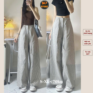    Ảnh thật   Quần tây ống suông rộng công sở Quần kẻ ống rộng phối dây dây chất kate cao cấp 247STORE 