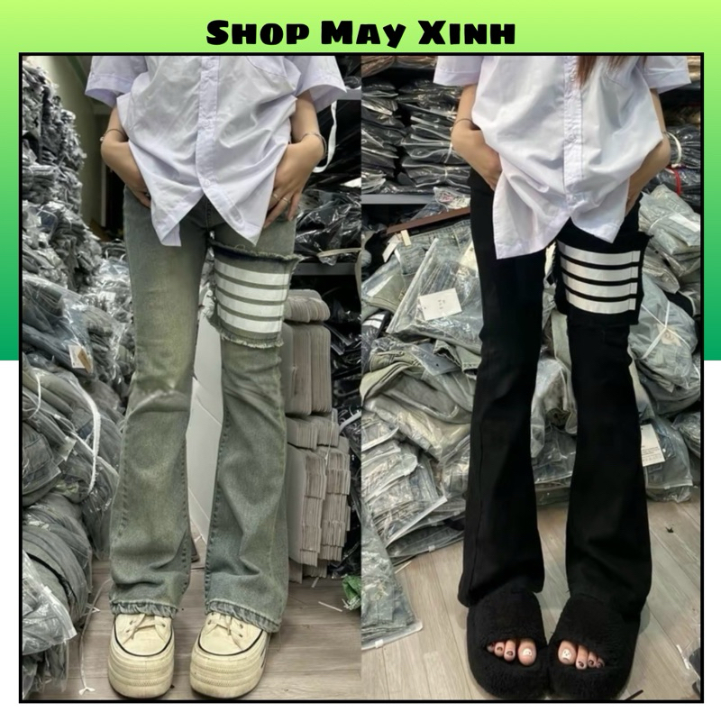 Quần Jean bò ống Loe 4 Vạch Màu Bụi cho nam nữ chất mịn đẹp, trẻ trung Mã 008