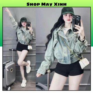Áo Khoác Jean Nữ Rách Croptop Dây Khoá Kéo Line Eo Bo Thun Hót Trend