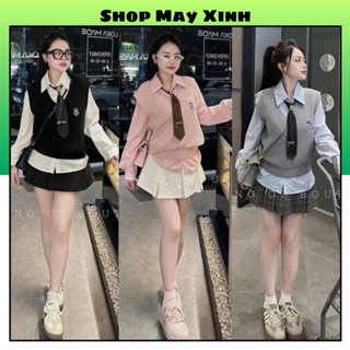 Set Áo Len Nữ chi tiết gồm [ Áo sơ mi +Ghile +Cà vạt] Set 3 món hàng Loại 1