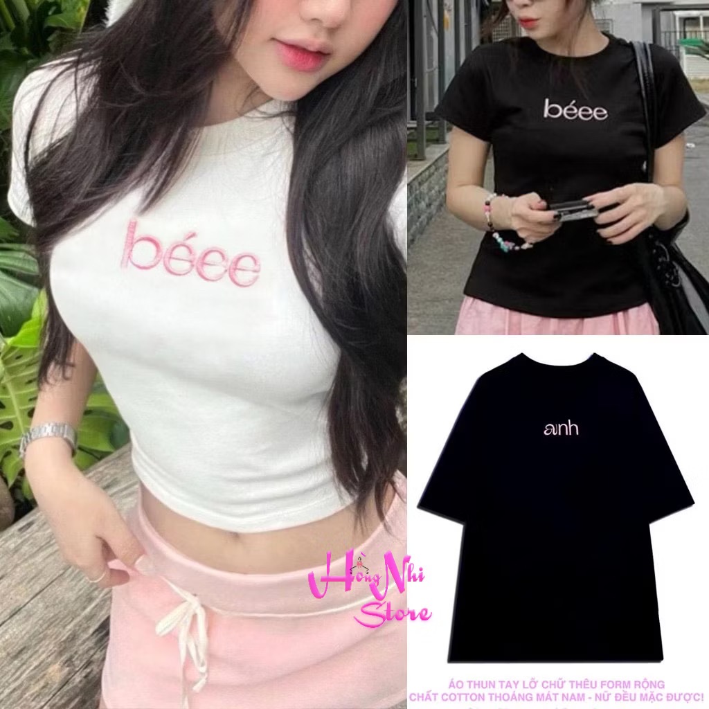 Áo Thun Cặp Baby Tee Thun Tay Lỡ Thêu Chữ Béee Anh Form Rộng 75kg Siêu Cá Tính - MM Hồng Nhi Store