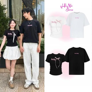 Áo Thun Cặp Nam Nữ Baby Tee Thun Tay Lỡ Thêu Chữ Love Baby Phối Nơ Form Rộng 75kg MM Hồng Nhi Store