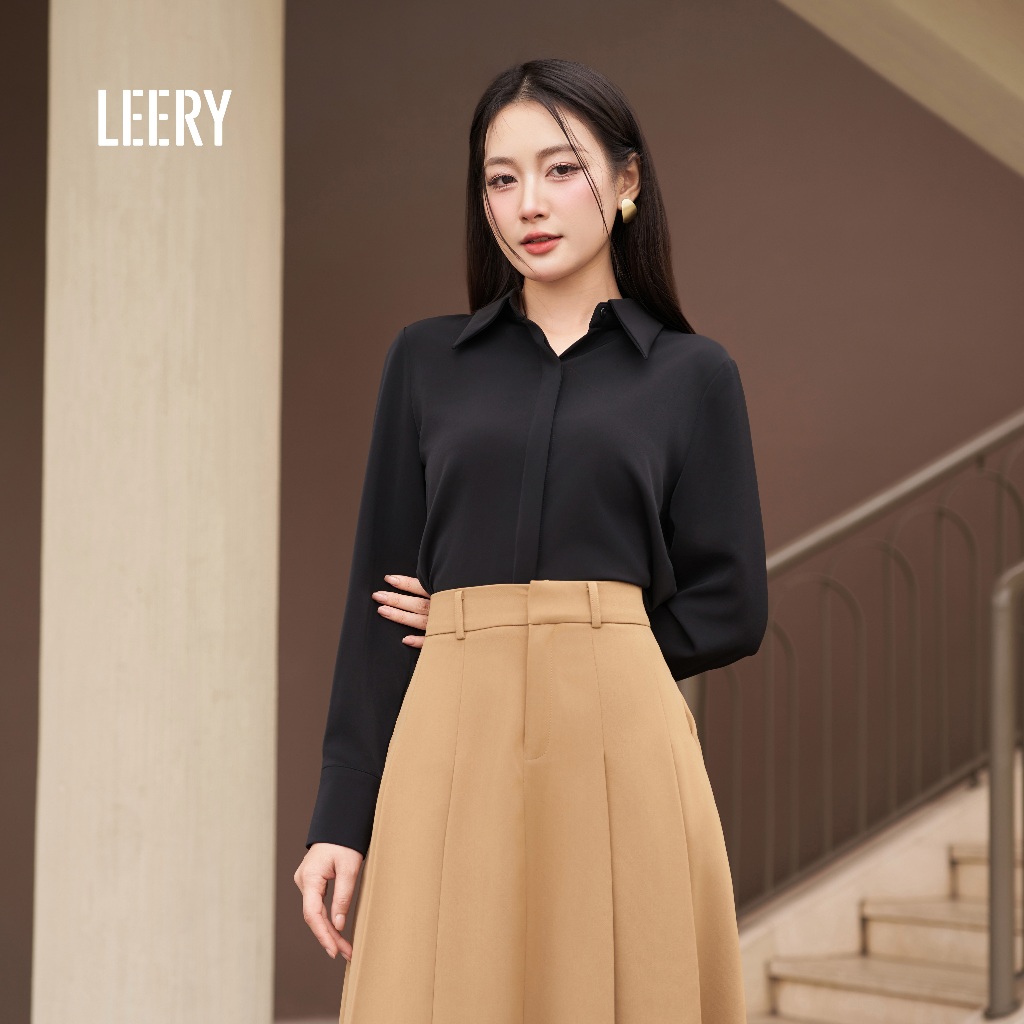 Áo sơ mi công sở nữ đẹp kiểu Hàn Quốc form rộng tay dài chất lụa cao cấp màu Trắng Be Đen Xanh LEERY SM-01 | BigBuy360 - bigbuy360.vn