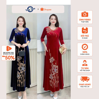 Váy Nhung Trung Niên Xòe Dài Họa Tiết Hoa Đá DMC - Đầm Nhung Dạ Hội Dự Tiệc Cao Cấp Sang Trọng Quý Phái