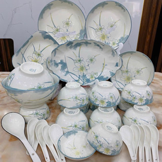  Bộ bát đĩa họa tiết  Thủy  tiên  30món  gốm sứ cao cấp bát tràng họa tiết hoa văn sắc nét siêu đẹp 