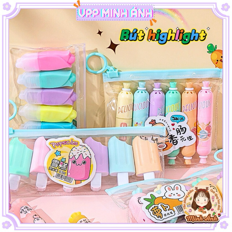  Set 6 bút đánh dấu highlight dạ quang bút nhớ 6 màu hoạt hình bút highlight ghi chú trang trí sổ tay siêu đáng yêu 