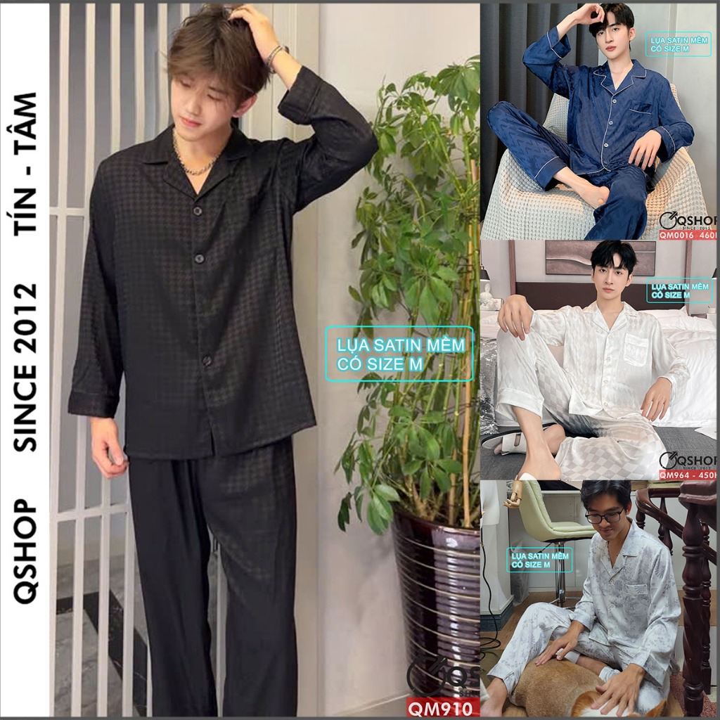 Tổng hợp bộ pijama nam dài tay có size M lụa satin mềm mặc nhà mặc ngủ sang trọng thoải mái QSHOP QM680 - QM681