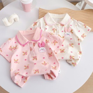 Áo thun Basic tay ngắn cho bé gái chất cotton quần áo phông trẻ em mùa hè cộc tay có cổ Polo nơ thỏ tiểu thư