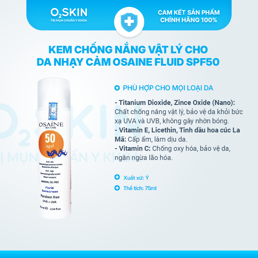 Kem chống nắng yến mạch Osaine Fluid Sunscreen SPF50+ 75ml - Dưỡng sáng da ngăn dầu mụn