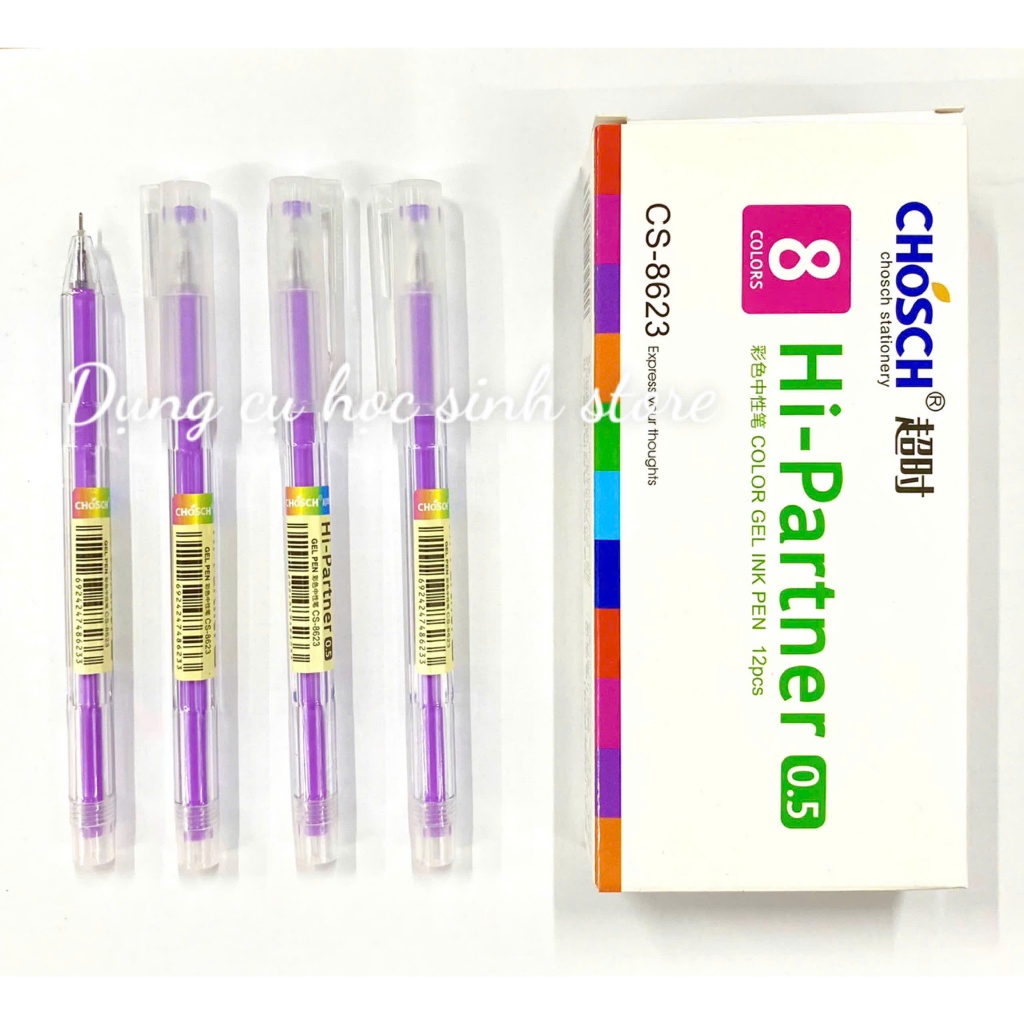 Hộp 12 cây bút gel ngòi 0.5mm Chosch CS8623 nét nhỏ đẹp (Mực tím, xanh)