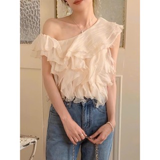 A6131- Áo lệch vai lụa kết tơ xếp bèo màu kem hàng QCCC 2025