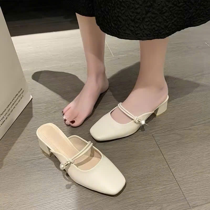 Giày Sandal Cao Gót Nữ Mũi Vuông êm mềm cao 5cm 5P, Giày sục nữ quai ngang chất da siêu mềm