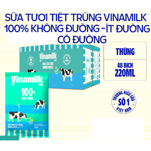 Thùng 48 bịch Sữa tươi tiệt trùng Có đường/ Ít đường/ Ko đường Vinamilk 100% Sữa tươi 220ml