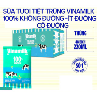 Thùng 48 bịch Sữa tươi tiệt trùng Có đường/ Ít đường/ Ko đường Vinamilk 100% Sữa tươi 220ml