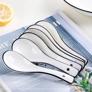 Combo 10 Thìa soup muỗng sứ muỗng sứ trắng viền đen muỗng ăn cơm bằng sứ trắng 