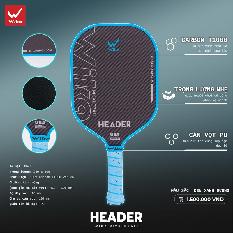 Vợt Pickleball Wika Header Carbon T1000. Gồm 1 Vợt + Hộp đựng
