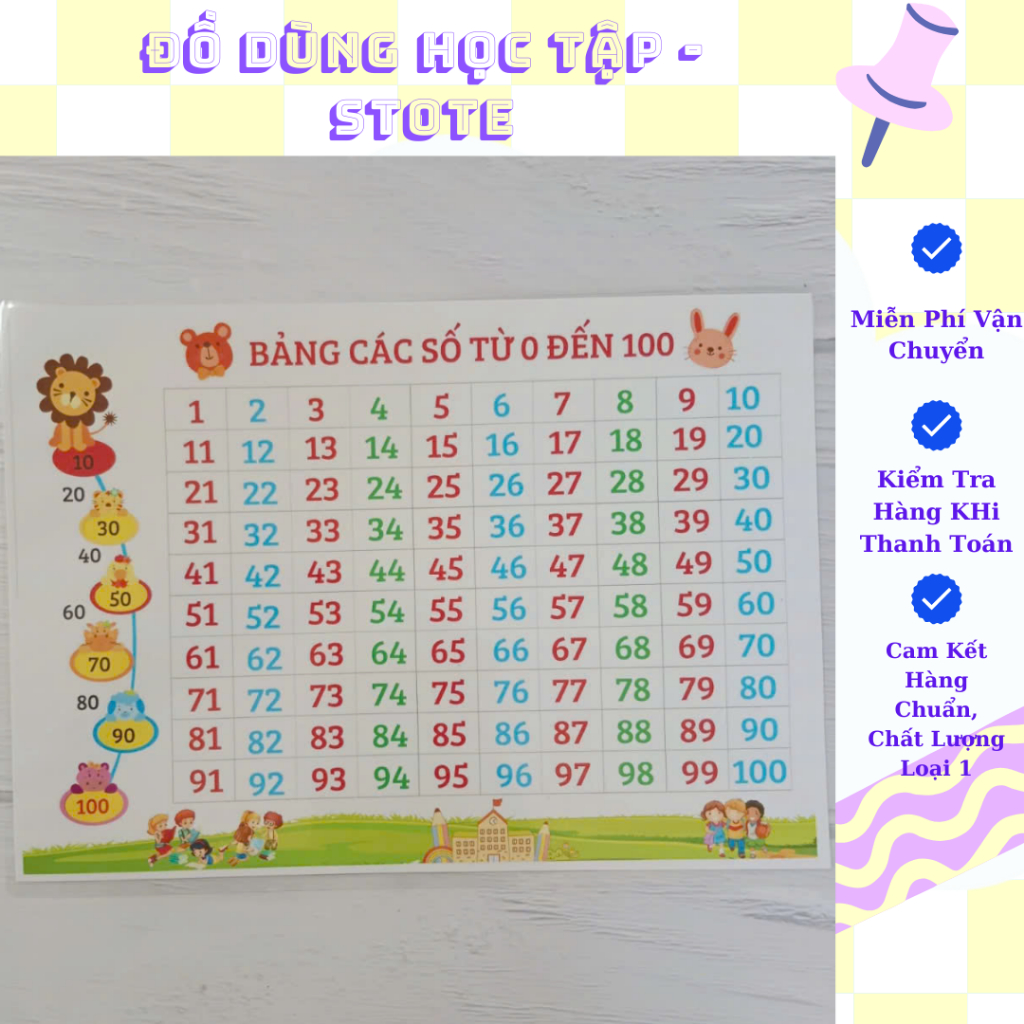 Bảng số đếm từ 1-100 , Ép plastic bền đẹp. Giáo cụ dạy học