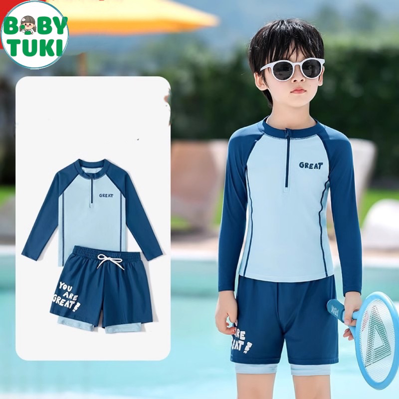 Đồ bơi bé trai Tukibaby áo dài tay quần 2 lớp size 12-50kg,bộ bơi bé trai phối màu hoạ tiết baby shark