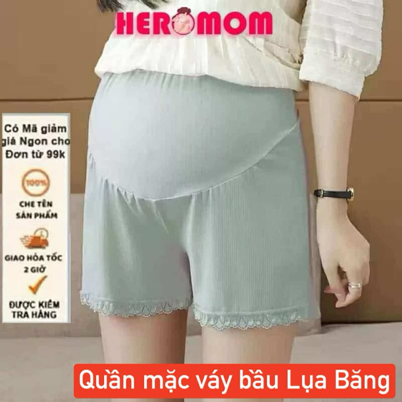 Quần đùi bầu mặc trong váy LỤA BĂNG có chun điều chỉnh bụng viền ren bigsize Heromom Store