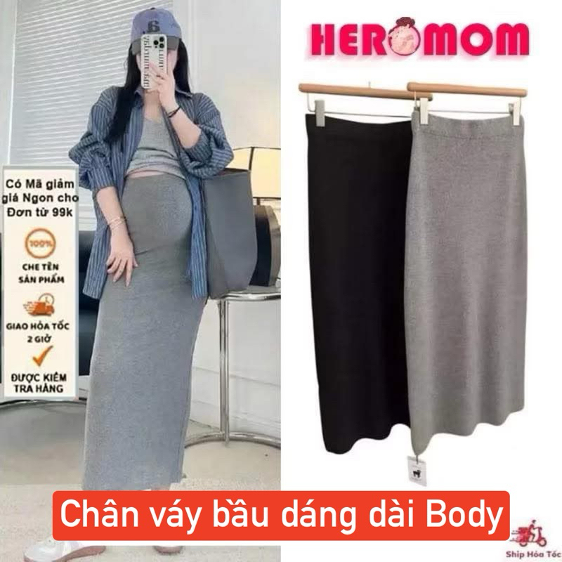 Chân váy bầu dáng dài body chất thun tăm mềm mại co giãn thu đông Heromom Store