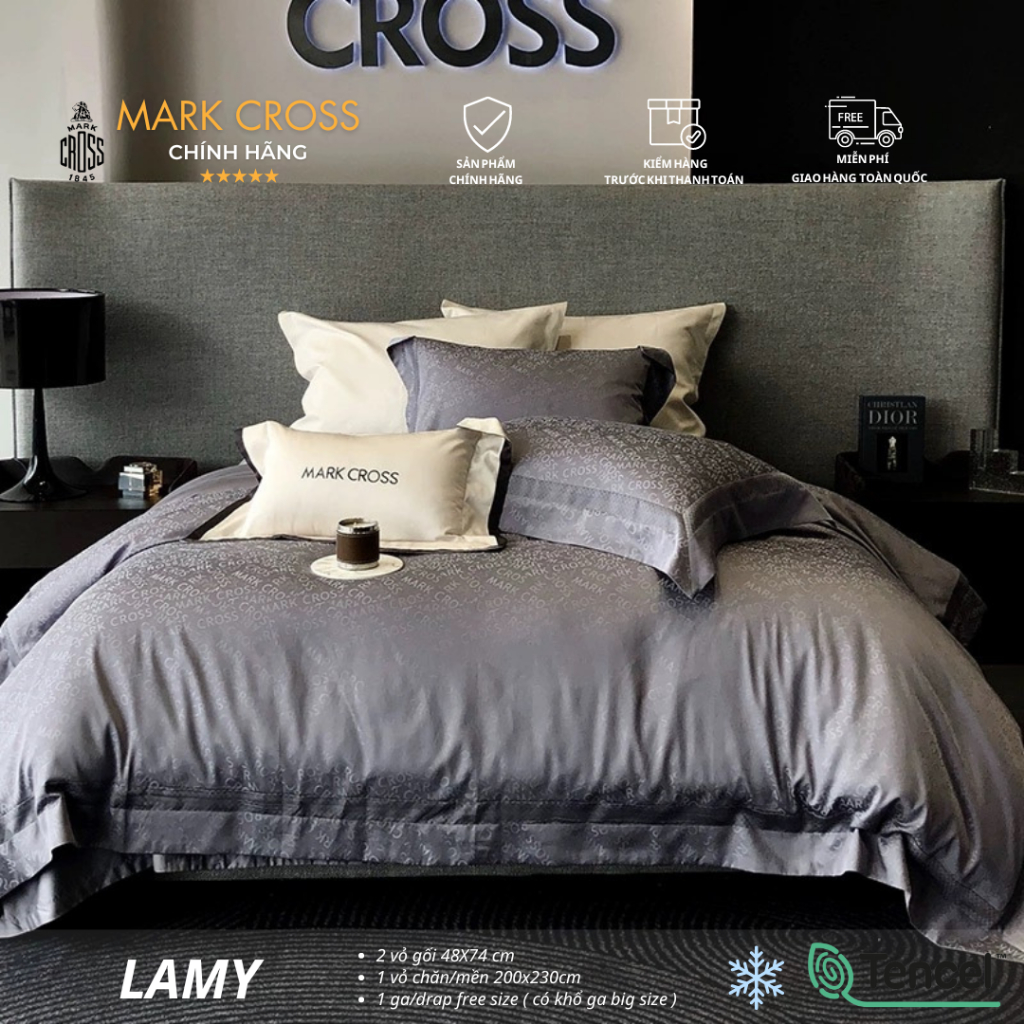 MarkCross Lamy Xám- Bộ chăn ga gối Tencel 100s dệt họa tiết, thân thiện môi trường, mềm, mịn, mát