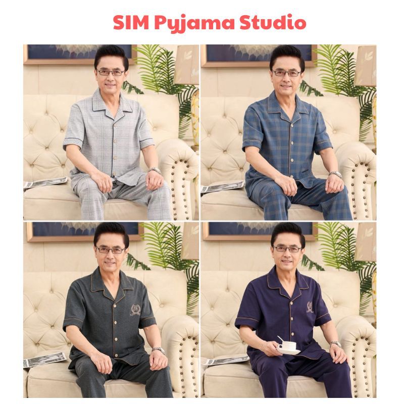 Đồ bộ pyjama mặc nhà trung niên áo cộc quần dài cho ông bố cotton Quảng Châu - Món quà ý nghĩa SIM -Pyjama Studio