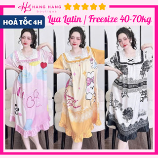 Đầm váy ngủ tiểu thư lụa latin xước mềm mát thiết kế cổ vuông ren, váy đầm ngủ dễ thương cute bầu bì mặc nhà thoải mái
