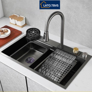 Chậu Rửa Bát 1 Hố LATO INOX SUS304 Cao Cấp Phủ Nano Bồn Rửa Chén 1 Ngăn Lớn Kèm Vòi Thác Nước Thớt Khay Rửa Xiphong