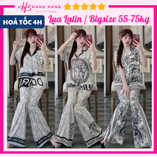 Bộ đồ ngủ bigsize 55-75kg, đồ bộ nữ pijama dài cộc tay lụa latin mịn mát bigsize, đồ ngủ lụa mặc nhà thiết kế sang chảnh
