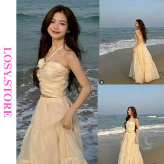 Sét Váy Maxi Áo Cúp Ngực Đính Hoa Cổ Yếm Kèm Chân Váy Dáng Xoè 2 Lớp , Váy Maxi Đi Biển LOSY.STORE
