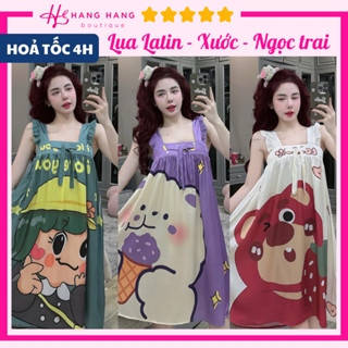 Đầm váy ngủ 2 dây cánh tiên lụa mềm mịn mát thiết kế xòe rộng in 5d hoạ tiết cute dễ thương bầu bì mặc nhà thoải mái