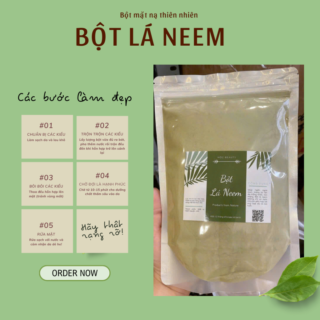 [100g] Bột lá Neem Ấn Độ sấy lạnh, se khít lỗ chân lông, chống lão hóa, kiềm dầu & làm mịn da, trắng hồng tự nhiên
