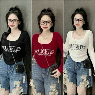 Áo Thun Tay Dài  Cổ U In chữ  MS:68( Fullsize :45-85kg) chất tăm lạnh Nữ Top Women