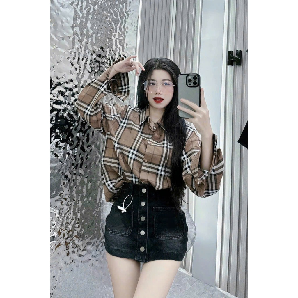 Luna Vintage Áo sơ mi nữ kẻ nhiều màu kẻ X phom rộng, áo sơ mi nữ A249