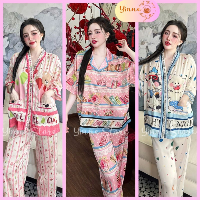 (BIGSIZE <68kg) °Lụa Latin LADY° Đồ Pijama Tay Dơi Quần Dài, Bộ ngủ mặc nhà mịn mát Thiết Kế in 5D H