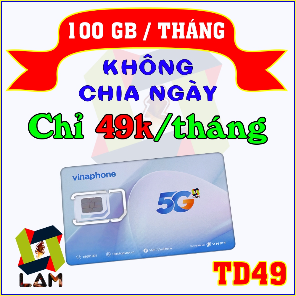 (Chọn Số Đẹp) Sim 4G 5G Vinaphone TD49 (100GB/Tháng) - Có eSIM. Gia Hạn Cực Rẻ chỉ 49k/Tháng