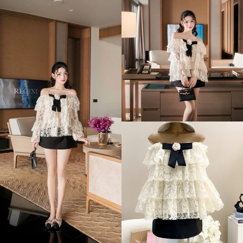 Set áo trễ vai + chân váy nút