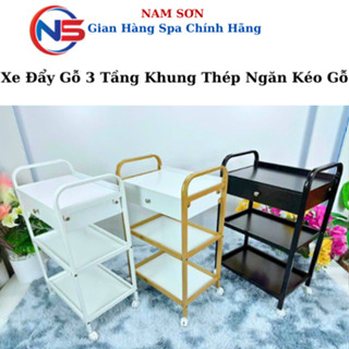 Xe Đẩy Gỗ 3 Tầng Khung Thép Ngăn Kéo Gỗ | Đựng Đồ Khung Ionx Chắc Chắn | Dùng Cho Spa Thẩm Mỹ.