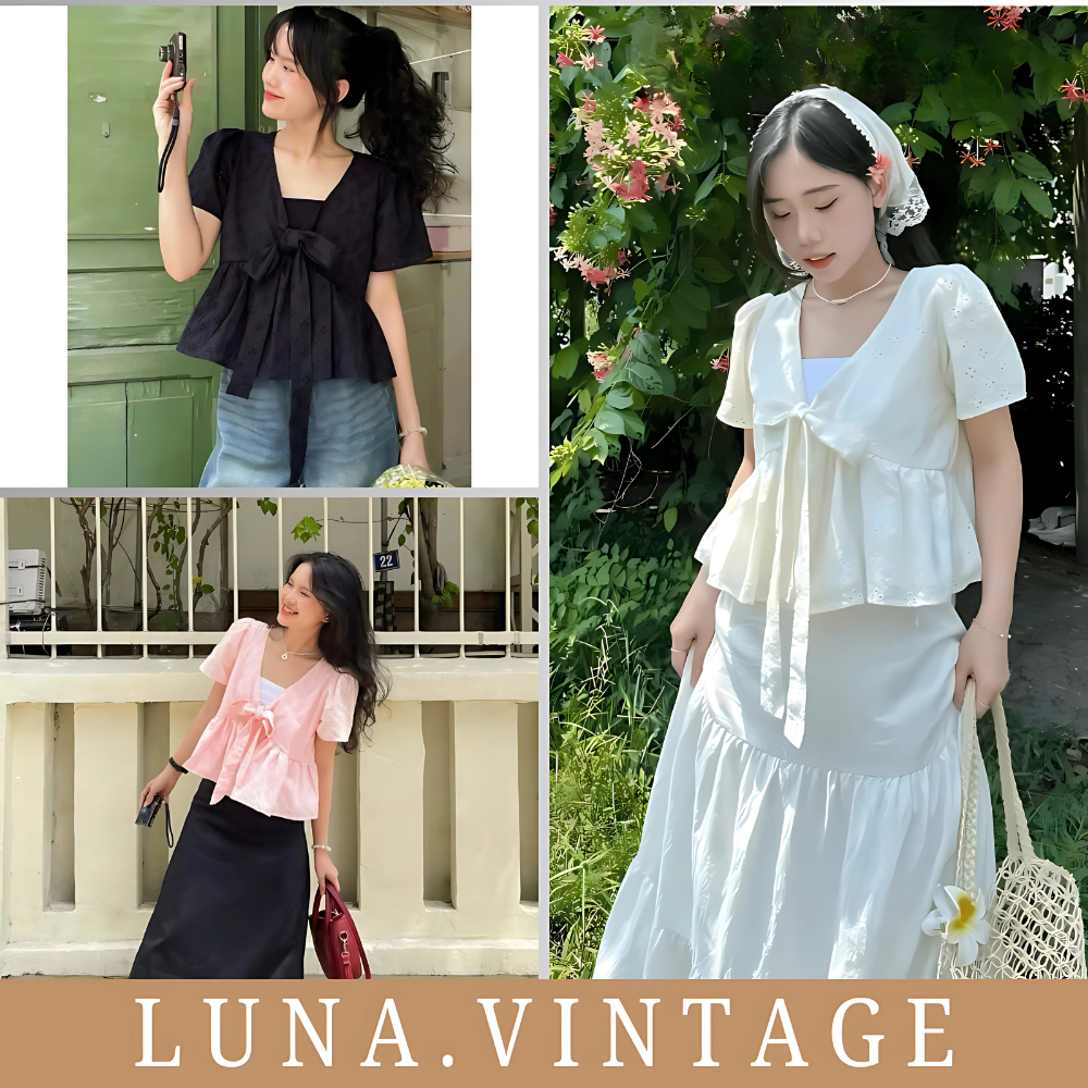 Luna Vintage Áo babydoll hoa thêu buộc nơ ulzzang kèm áo 2 dây siêu hot, set áo nữ kiểu dáng Hàn Quốc