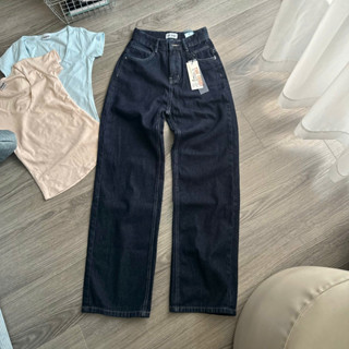 Quần Jeans Nữ THE QUAO Lưng Cao Ống Suông Nối Túi Màu Xanh Đen S04012_539