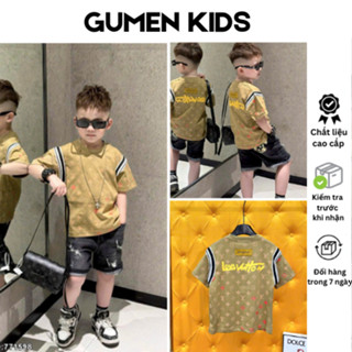 Áo Cộc Tay Cho Bé Luôn Vui Tươi Màu Da Full Logo Phối Kẻ Vai Đen - Áo Cộc Tay Bé Trai Phong Cách Đôn Chề Cực Ngầu 2025
