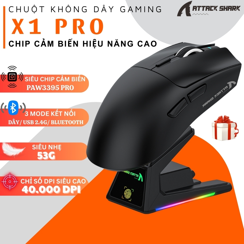 Chuột Gaming Không Dây Attack Shark X1 - Đế Sạc Led RGB Từ Tính, Siêu Nhẹ 53g, App Tùy Chỉnh