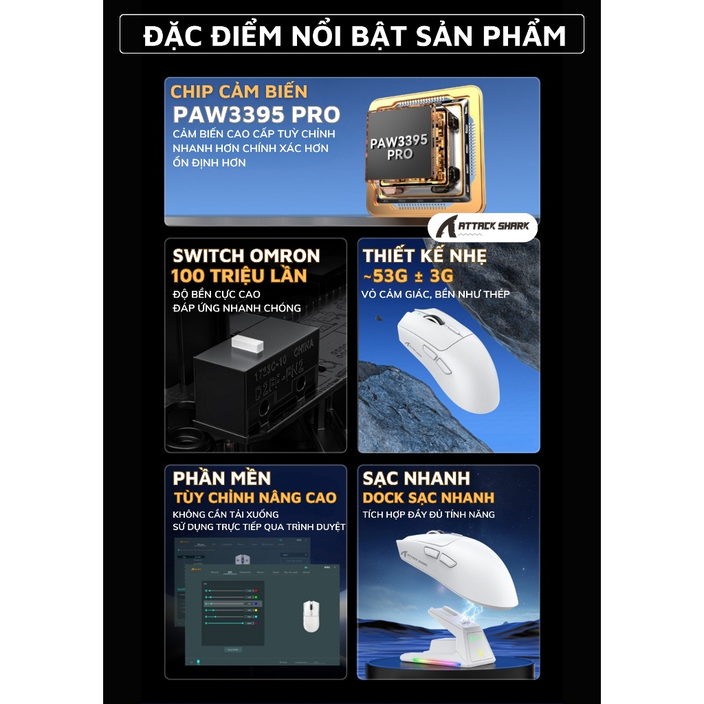 Chuột Gaming Không Dây Attack Shark X1 - Đế Sạc Led RGB Từ Tính, Siêu Nhẹ 53g, App Tùy Chỉnh | BigBuy360 - bigbuy360.vn