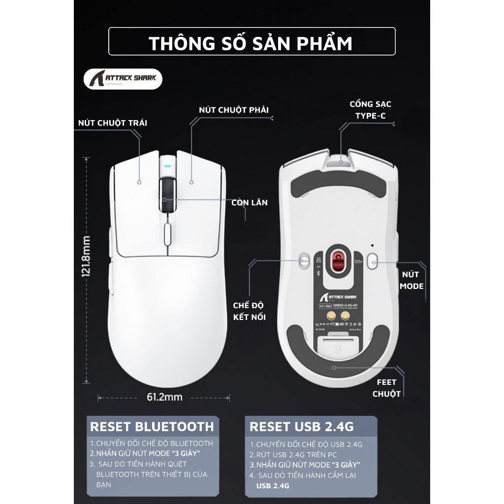 Chuột Gaming Không Dây Attack Shark X1 - Đế Sạc Led RGB Từ Tính, Siêu Nhẹ 53g, App Tùy Chỉnh | BigBuy360 - bigbuy360.vn