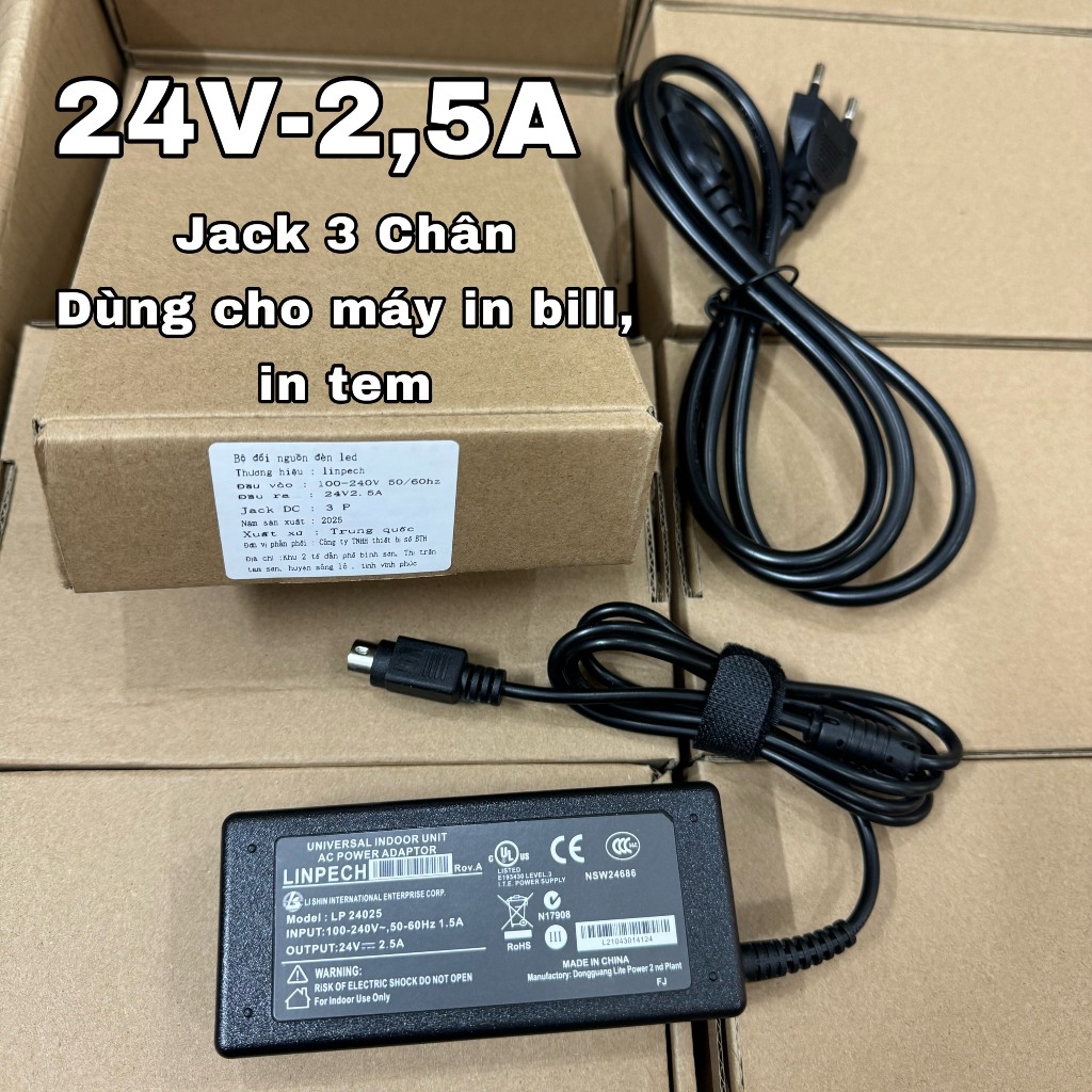 Nguồn Sạc Máy in tem mã vạch Xprinter XP-420B , Xprinter XP-K200L. Adapter 24V-2,5A Jack 3 Chân
