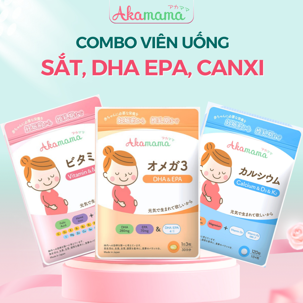 Combo Viên Uống Sắt, Acid Folic, Vitamin Tổng Hợp, Khoáng Chất, DHA, EPA, Canxi D3, K2 Cho Mẹ Bầu Ak