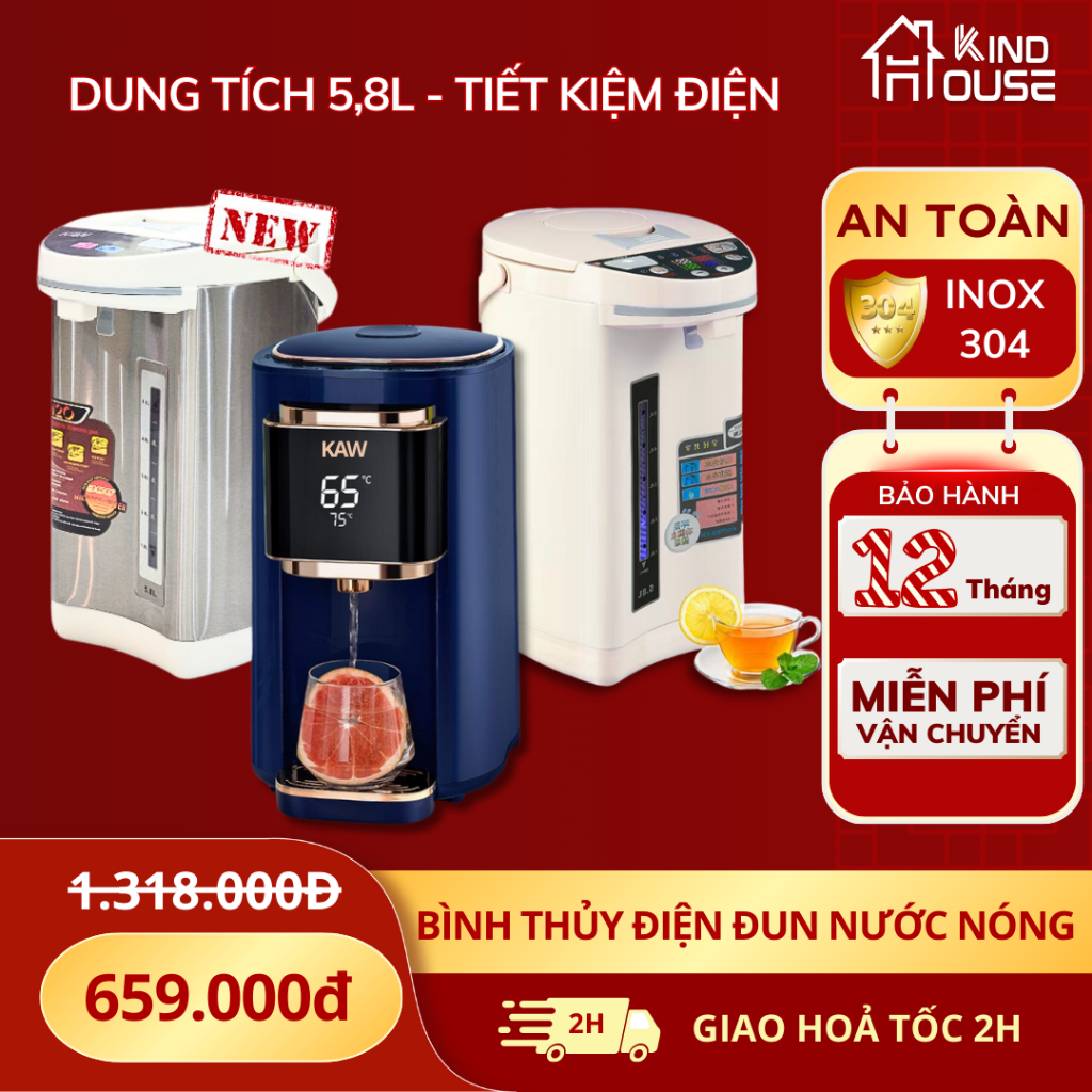 Bình Thủy Điện Đun Nước Nóng 5.8L Kaw công suất 750W, bảo hành 12 tháng