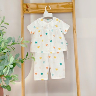 Pijama cho bé gái tay ngắn quần dài vải xô cotton Áo Lá Homewear A103, đồ bộ xô bé gái babydoll họa tiết dễ thương