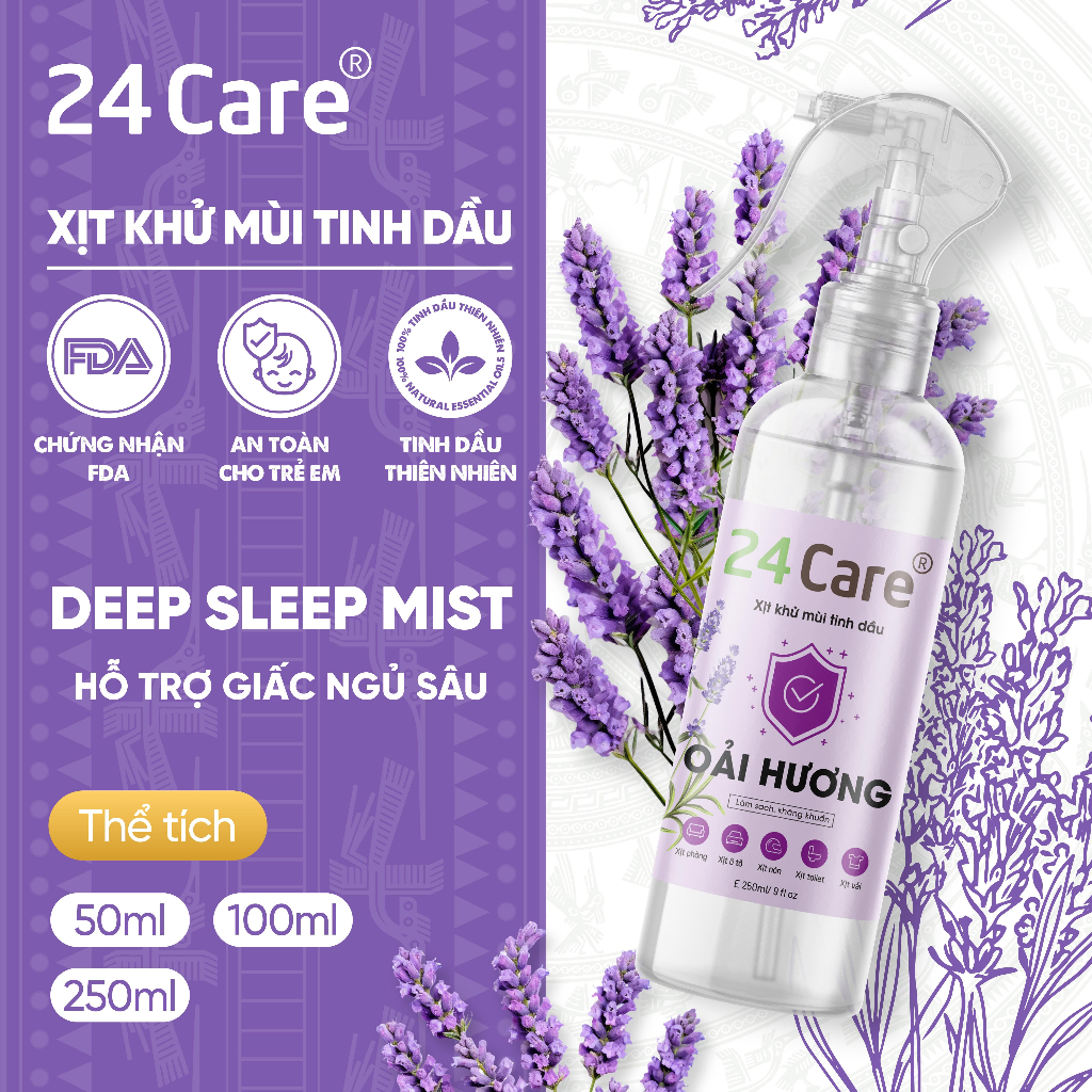 Xịt khử mùi thơm phòng Oải Hương 24care 50ml - kháng khuẩn, khử mùi hôi, đuổi muỗi, côn trùng