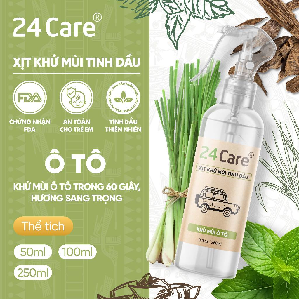 Xịt khử mùi Ô tô Tinh dầu 24care - Xịt khử mùi thiên nhiên dung tích 50ml/ 100ml/ 250ml